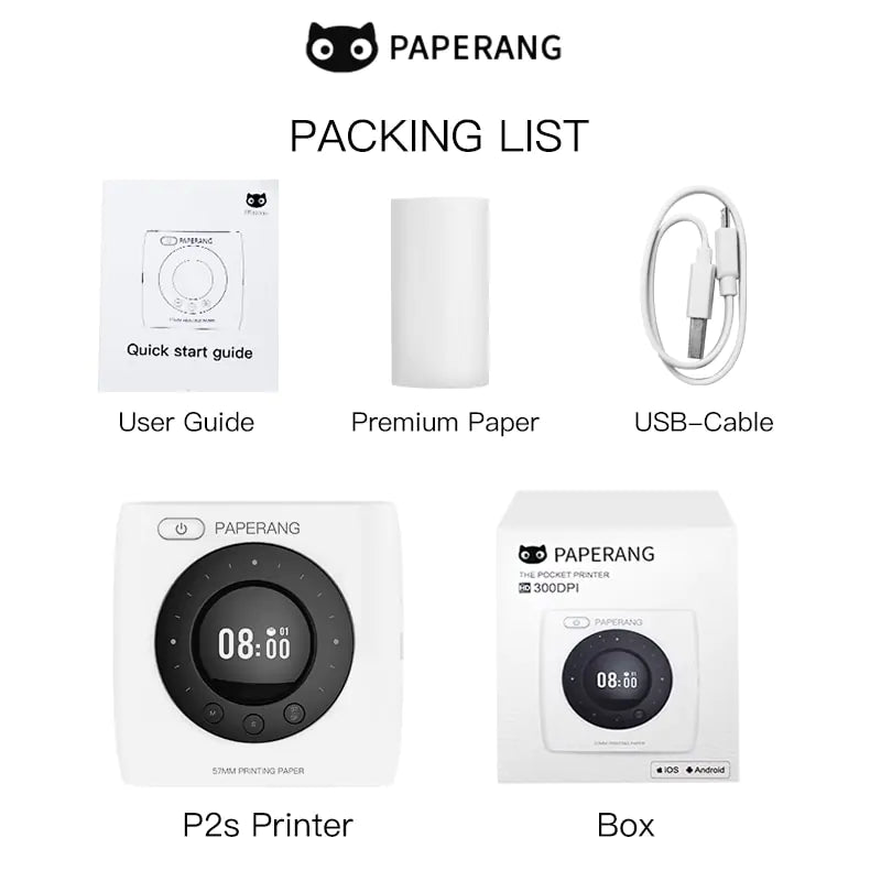 PAPERANG P2S 300dpi BT Pocket Printer Wireless Thermal Printer Portable Photo Label Clock Function Sticker Thermal Paper Roll